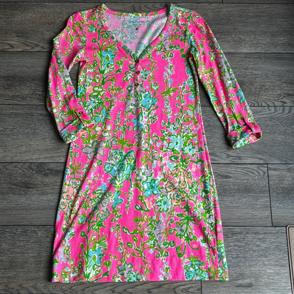 Lilly Pulitzer Palmetto Dress Flamingo Pink Green Southern Charm Pima Cotton XS